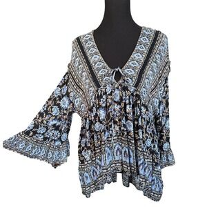 Free People Moonlight Dance Tunic Top, Blue/Black Combo, Medium, Bohochic, Flowy
